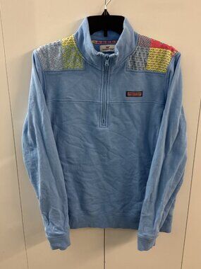 Vineyard Vines Blue Patchwork Shoulder Shep Shirt 1/4 Zip Pullover Coastal L